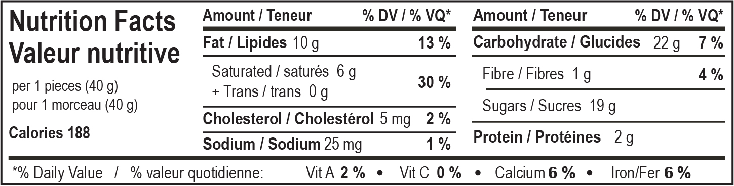 nutrition facts table for Canadian Maple Bomb