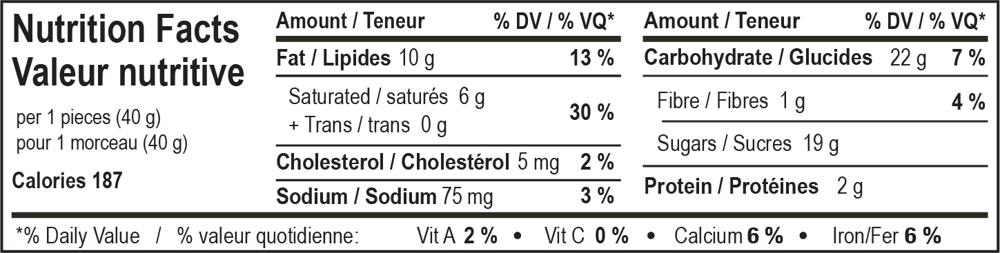 nutrition facts table for Sea Salt Toffee Bomb