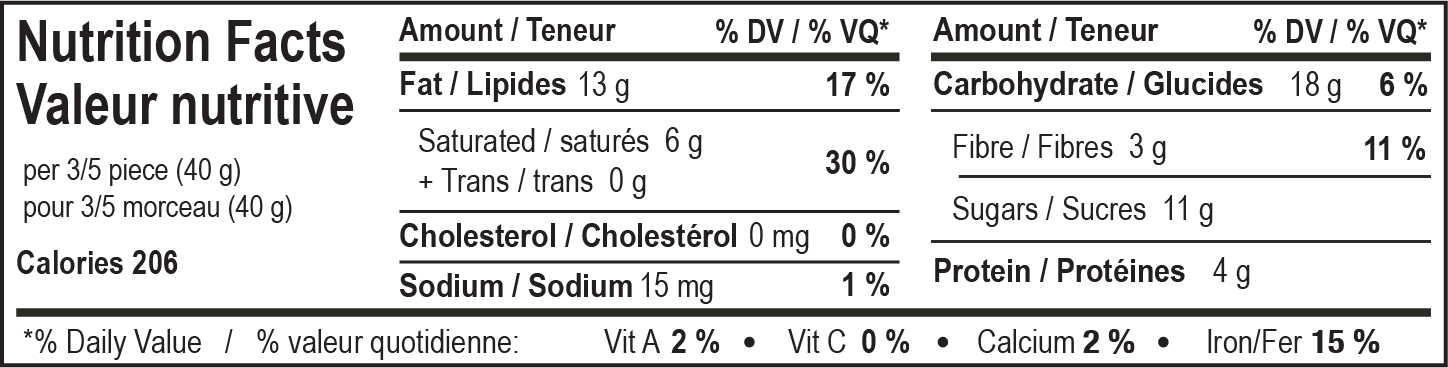 nutrition facts table for Dark Cashew Mogul