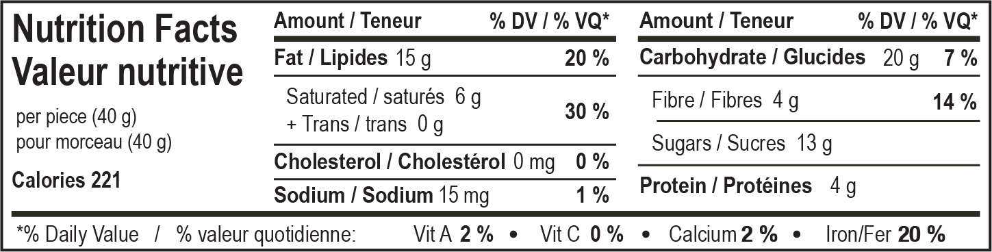 nutrition facts table for Dark Cashew Ridge