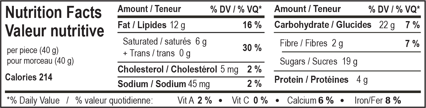 nutrition facts table for Avalanche Ridge