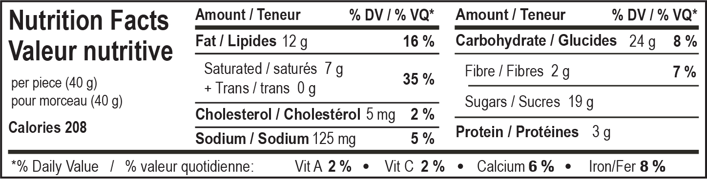 nutrition facts table for Movie Time Ridge