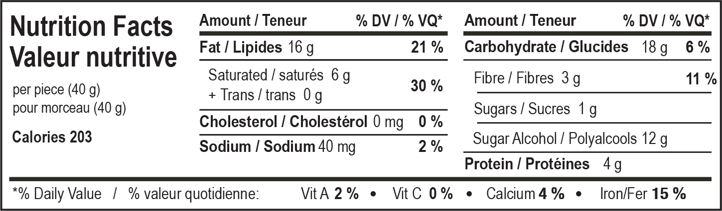 nutrition facts table for No Sugar Added Dark Almond Ridge